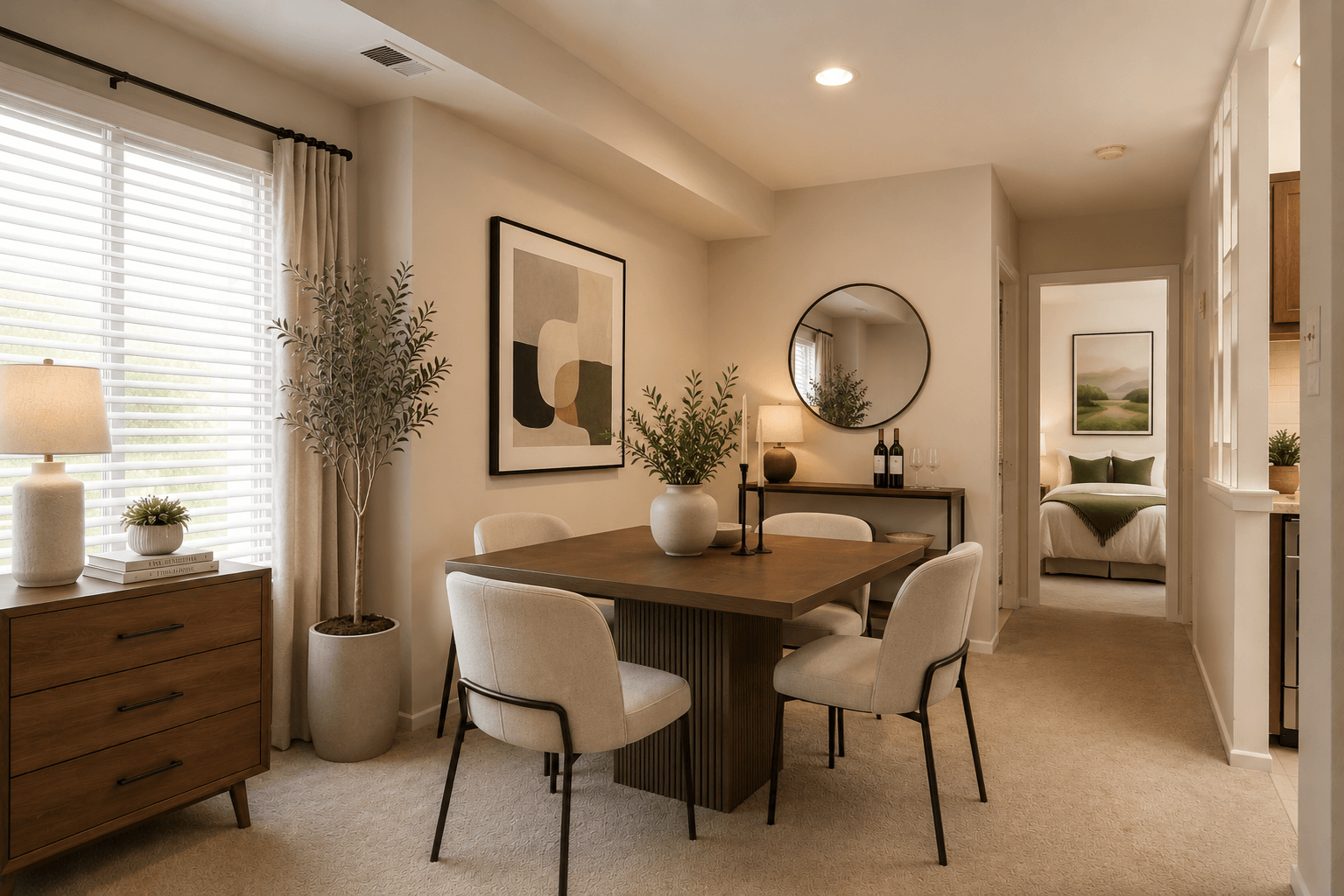 A modern dining room with a wooden table and chairs.